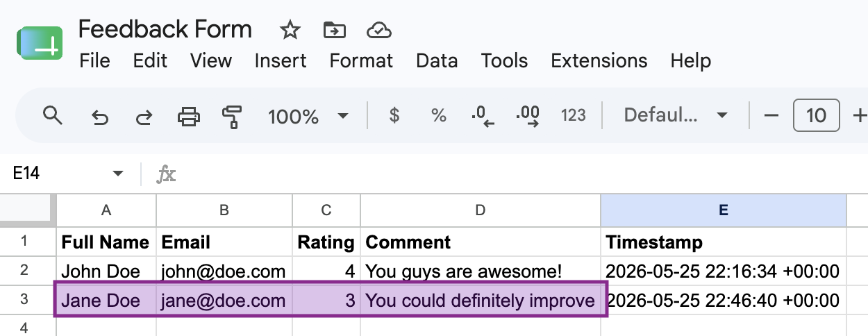 Feedback submissions in Google Sheets