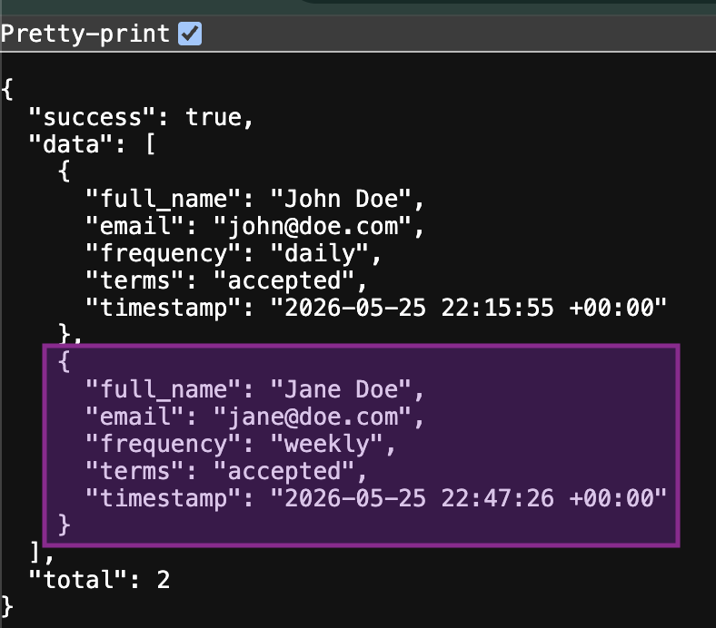 JSON API response for newsletter submissions